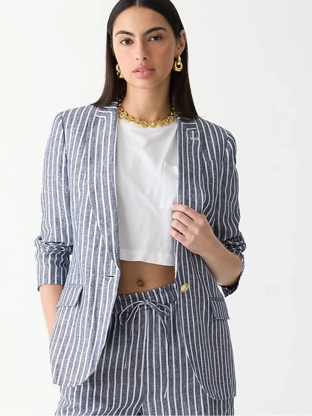 J. Crew Alfie Blazer Striped Linen Navy Blue Jacket